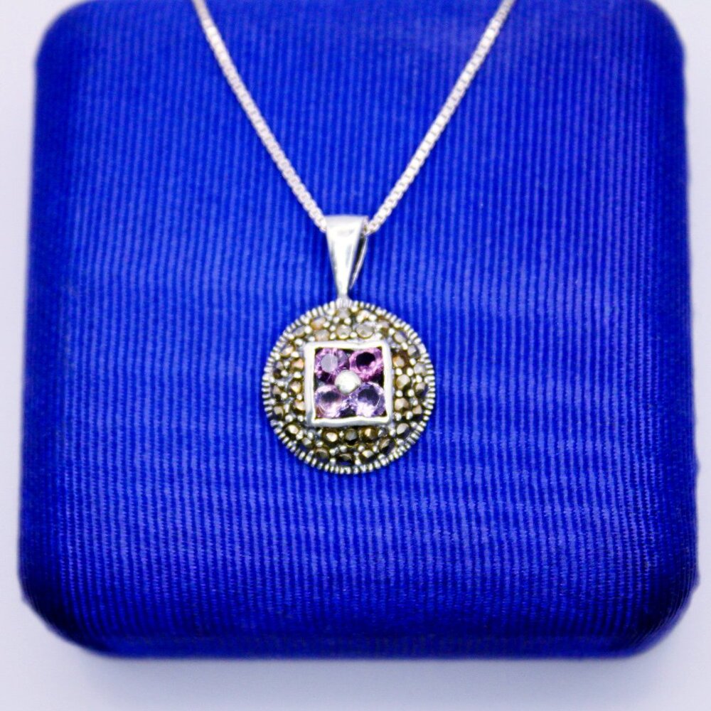 925 Solid Sterling Silver Purple CZ Marcasite Art Deco Style Pendant Necklace